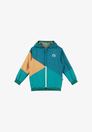 Veste légère bicolore à panneaux turquoise, vert et beige, avec une fermeture éclair à l'avant et une capuche. Fabriquée en tissu lisse et résistant à l'eau.