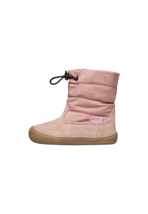 Stivaletto rosa con un esterno in morbida suede e un risvolto in nylon imbottito, completato da una suola in gomma e dettaglio di chiusura elastica per una vestibilità sicura.