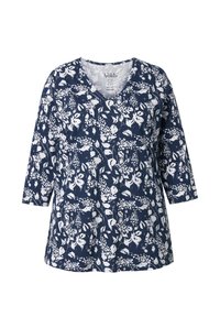 Tunica blu navy con scollo a V e maniche a tre quarti, con motivo floreale bianco e tessuto di cotone morbido.