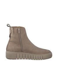 Botte à cheville en cuir taupe avec fermeture éclair sur le côté, semelle texturée et nervurée, et une languette au talon pour un enfilage facile. Fini lisse dans l'ensemble.