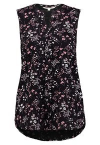 Schwarze ärmellose Bluse mit floralem Muster in Pink und Weiß, mit V-Ausschnitt und leicht geschwungenem Saum. Leichter Stoff.