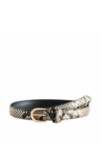 Python-patterned belt in beige and black leather, featuring a gold buckle, smooth texture, and a slim profile. Accented with detailed stitching.