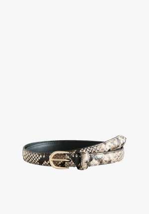 Beige és fekete bőrből készült python mintázatú öv, arany csattal, sima textúrával és karcsú profillal. Részletes varrással díszítve.