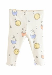 Baumwollleggings mit einem hellcremefarbenen Hintergrund und bunten Mustern von Kaninchen und Sonnenblumen. Rüschensaum und dezente vertikale Textur.