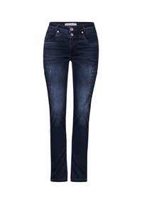 Jean en denim foncé avec une coupe slim, doté de poches avant, de deux boutons à la taille et d'une finition légèrement décolorée sur les cuisses.