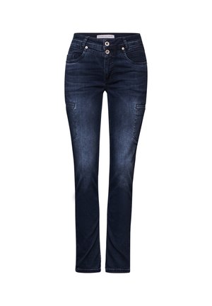 Dark denim jeans with a slim fit, featuring front pockets, two buttons at the waist, and a slightly faded finish along the thighs.