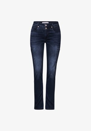 Jeans in denim scuro con una vestibilità slim, dotati di tasche frontali, due bottoni in vita e una finitura leggermente scolorita lungo le cosce.