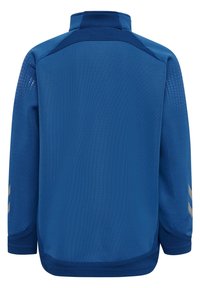 Blå idrottsjacka med hög krage, texturerat tyg, meshdetaljer och mönstrade ärmar med ljusgrå ränder. Slät finish.