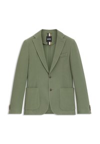 Groene blazer van gestructureerde stof met een reverskraag, twee steekzakken aan de voorkant en bruine knopen. Label zichtbaar bij de hals.