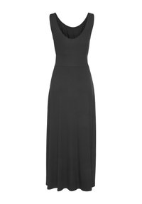 Schwarzes Maxikleid mit Rundhalsausschnitt, ärmellosem Design und glattem Stoff; verfügt über ein tailliertes Oberteil und einen fließenden Rock.