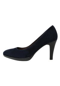 Pump in suede blu navy con tacco alto, punta arrotondata e sottile accento nero alla base. Texture liscia e silhouette elegante.