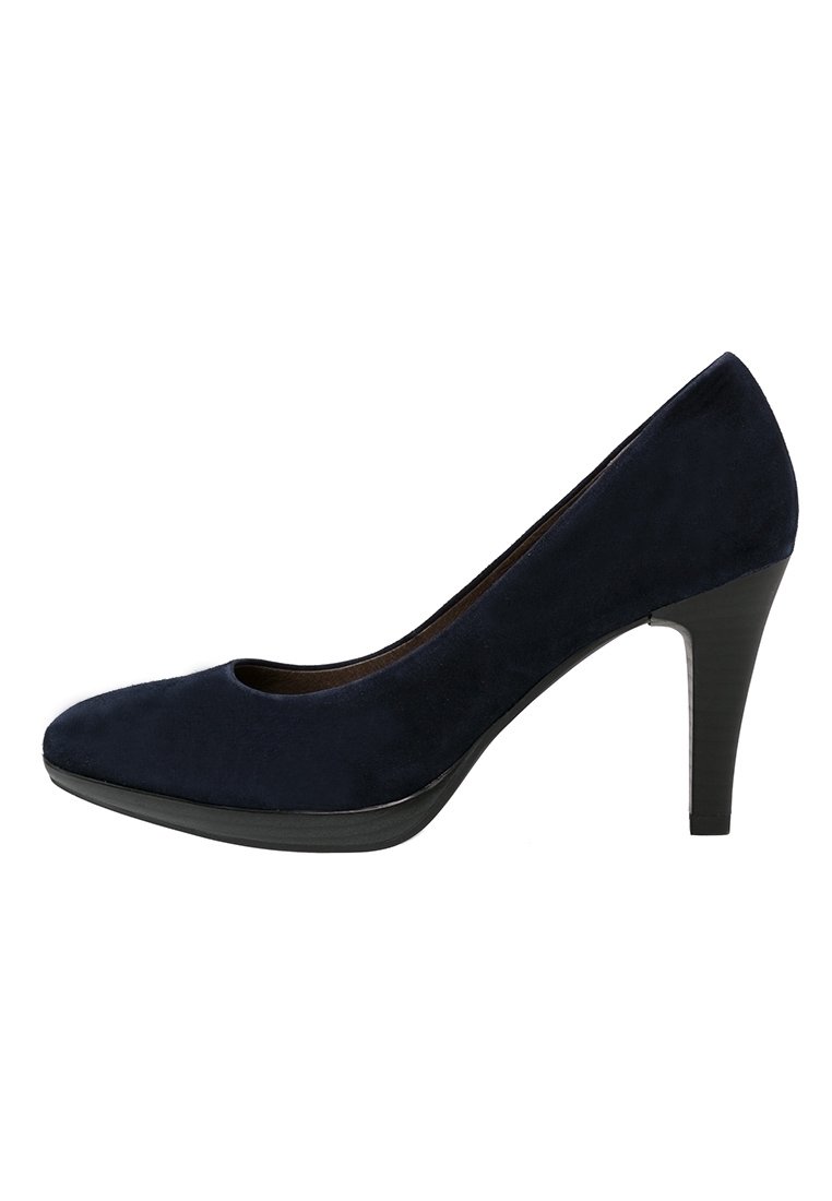 Pump in suede blu navy con tacco alto, punta arrotondata e sottile accento nero alla base. Texture liscia e silhouette elegante.
