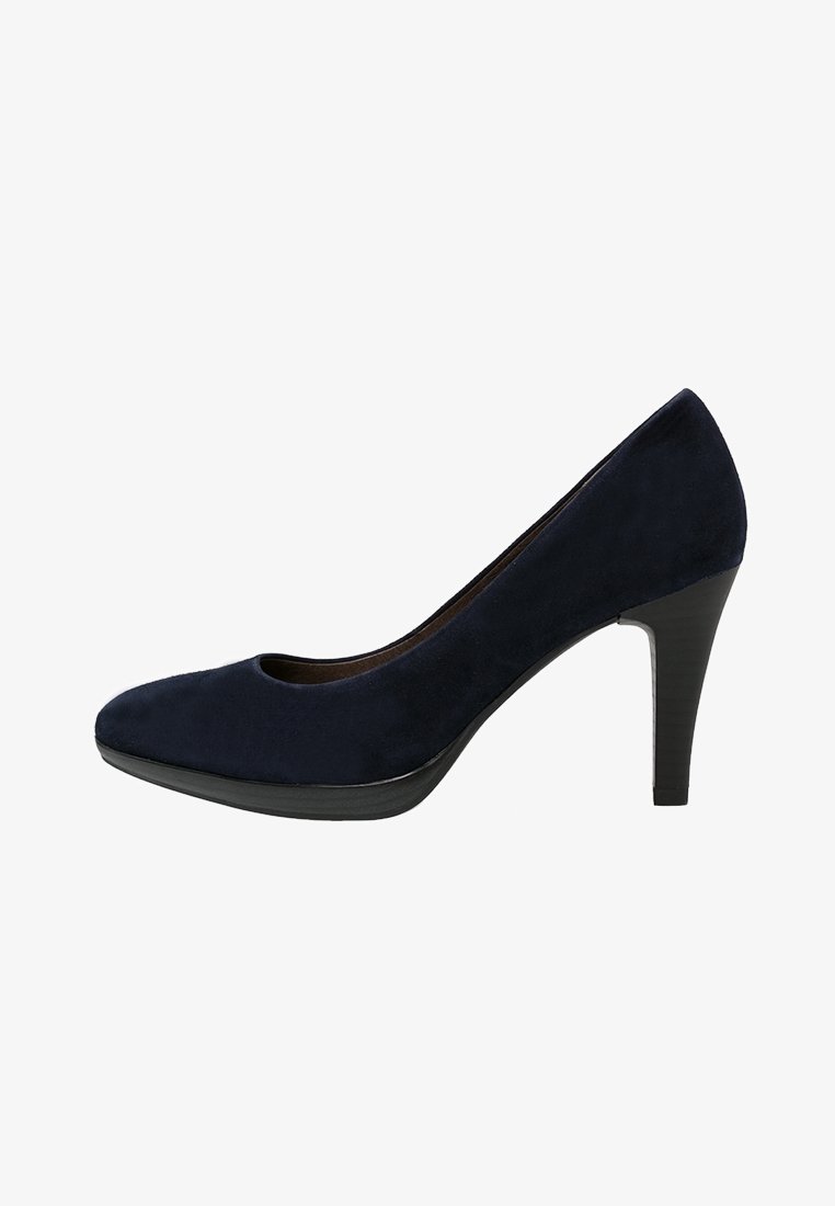 Pump in suede blu navy con tacco alto, punta arrotondata e sottile accento nero alla base. Texture liscia e silhouette elegante.
