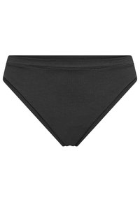 Sort bomuldsbikini nederdel med lav talje, glat tekstur og kontrastsyetning langs kanterne. Klassisk snit og minimal dækning.