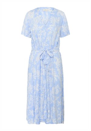 Rochie de culoare albastru deschis cu un model paisley, maneci scurte și un cordon la talie. Material moale cu o croială lejeră și tiv la nivelul genunchilor.