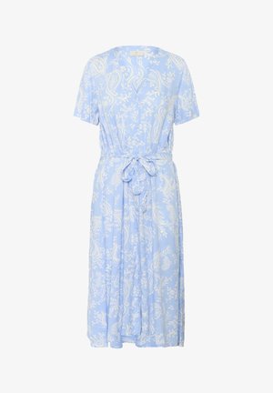 Light blue dress featuring a paisley pattern, short sleeves, and a tie-around waist. Soft fabric with a relaxed fit and knee-length hem.