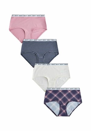 Four pairs of women's brief underwear: one pink, one white, one navy striped, and one navy plaid, all featuring a branded elastic waistband.