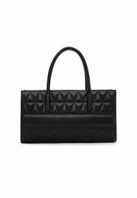 Black leather handbag featuring a rectangular shape with a quilted triangular pattern and two top handles. Smooth texture with subtle accents.