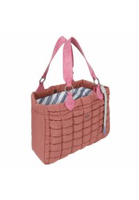 Borsa a tracolla rosa trapuntata con due manici in pelle rosa, dettagli in metallo argentato e fodera in tessuto a righe. Presenta una tasca con zip.