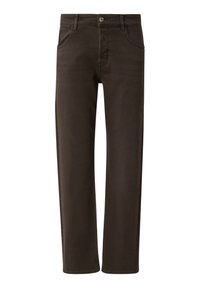 Bruine katoenen broek met een rechte pijp, voorzien van vijf zakken, een voorste knoopsluiting en subtiele stikseldetails.