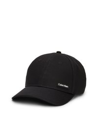 Cappellino da baseball nero realizzato in cotone, con visiera curvata, design a sei pannelli e una piccola etichetta con logo bianco sulla parte frontale.