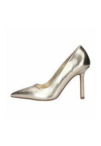 Chaussure à talon haute en or métallique avec un bout pointu, finition brillante, texture lisse et un talon stiletto élancé.