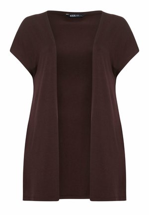 Cardigan à manches courtes marron foncé, ouvert devant, avec une coupe ample, fabriqué en tissu léger.