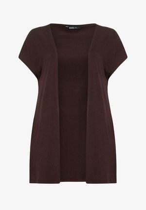 Mørkebrun, kortærmet cardigan med åben front og løs pasform, lavet af letvægtsstof.