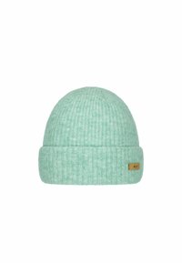 Miętowa, dziana czapka beanie z podwiniętym mankietem, z małą brązową skórzaną metką z boku. Wykonana z miękkiego, teksturowanego materiału.