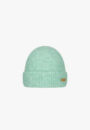 Mint green knitted beanie hat with a folded cuff, featuring a small brown leather label on the side. Made of soft, textured material.