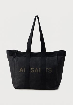 Borsa tote in tela nera con manici lunghi e la scritta "ALLSAINTS" stampata in lettere sbiadite sul davanti.
