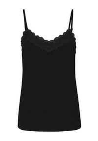 Schwarzes Trägertop mit verstellbaren Trägern und einer Spitzenborte entlang des Ausschnitts. Aus weichem Stoff mit figurbetontem Schnitt gefertigt.