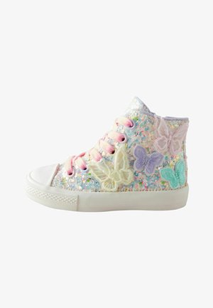 High-top sneaker with iridescent glitter upper, pastel pink laces, white rubber toe cap, and embroidered butterfly accents in various colors.