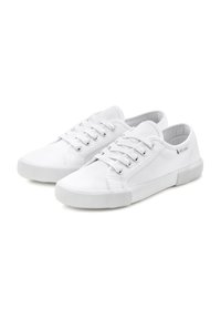 White canvas sneakers with a round toe, five metal lace eyelets, and rubber sole. Features textured side panels and a logo on the heel.