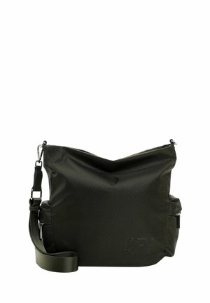 Sac d'épaule en tissu noir texturé avec une bandoulière réglable et des poches latérales zippées, présenté sur fond blanc.