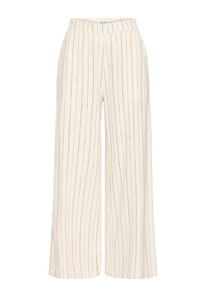 Beige Hosen mit weitem Bein, vertikalen dünnen roten und schwarzen Streifen, hoher Taille und verdecktem vorderem Verschluss.