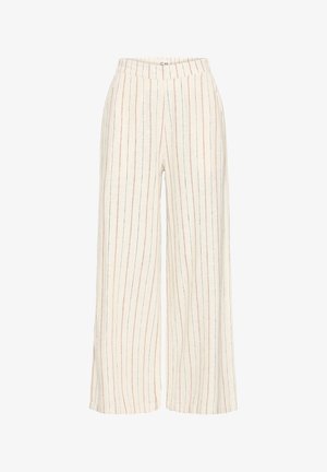 Beige Hosen mit weitem Bein, vertikalen dünnen roten und schwarzen Streifen, hoher Taille und verdecktem vorderem Verschluss.