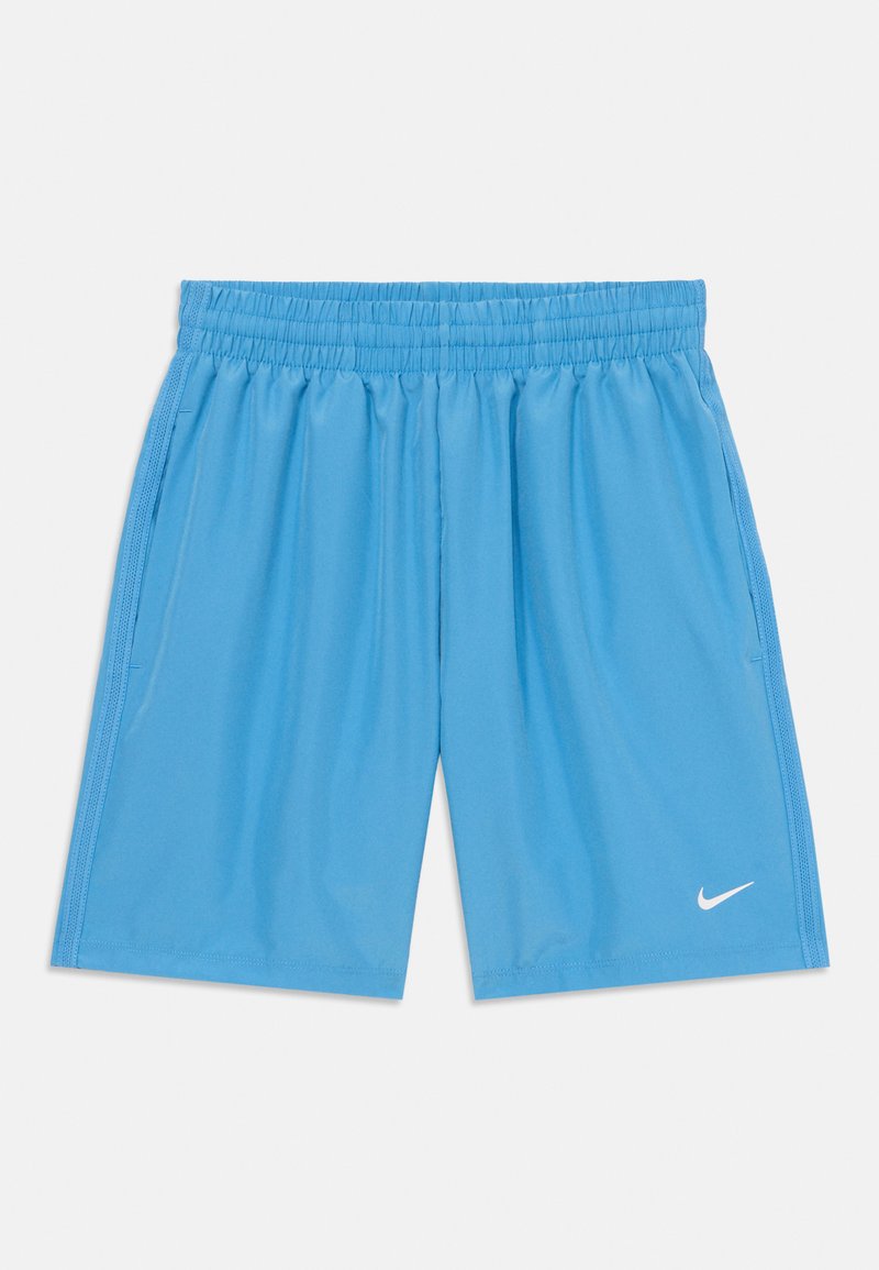 Nike sportshorts, ljusblå, elastisk midja, slät textur, sidosömmar och vitt logotyp på nedre vänstra framsidan.