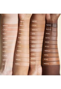 Quatre bras aux tons de peau divers affichent 40 échantillons de fond de teint étiquetés avec des codes de teinte du clair au foncé.