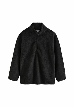 Czarny, polarowy pulower z kwartowym zamkiem, długimi rękawami i miękką, teksturowaną powierzchnią. Minimalistyczny design bez wzorów czy akcentów.