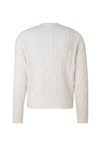 Cremefarbener Pullover mit Zopfmuster, langen Ärmeln, rundem Ausschnitt und geripptem Saum. Strukturierte Muster heben die gestrickten Details im gesamten Stoff hervor.