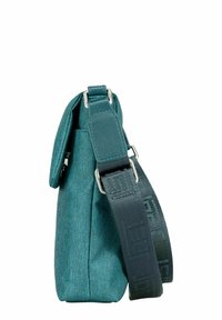 Teal fabric shoulder bag with a textured finish, rectangular shape, flap closure, and logo-embossed strap. Features silver hardware accents.