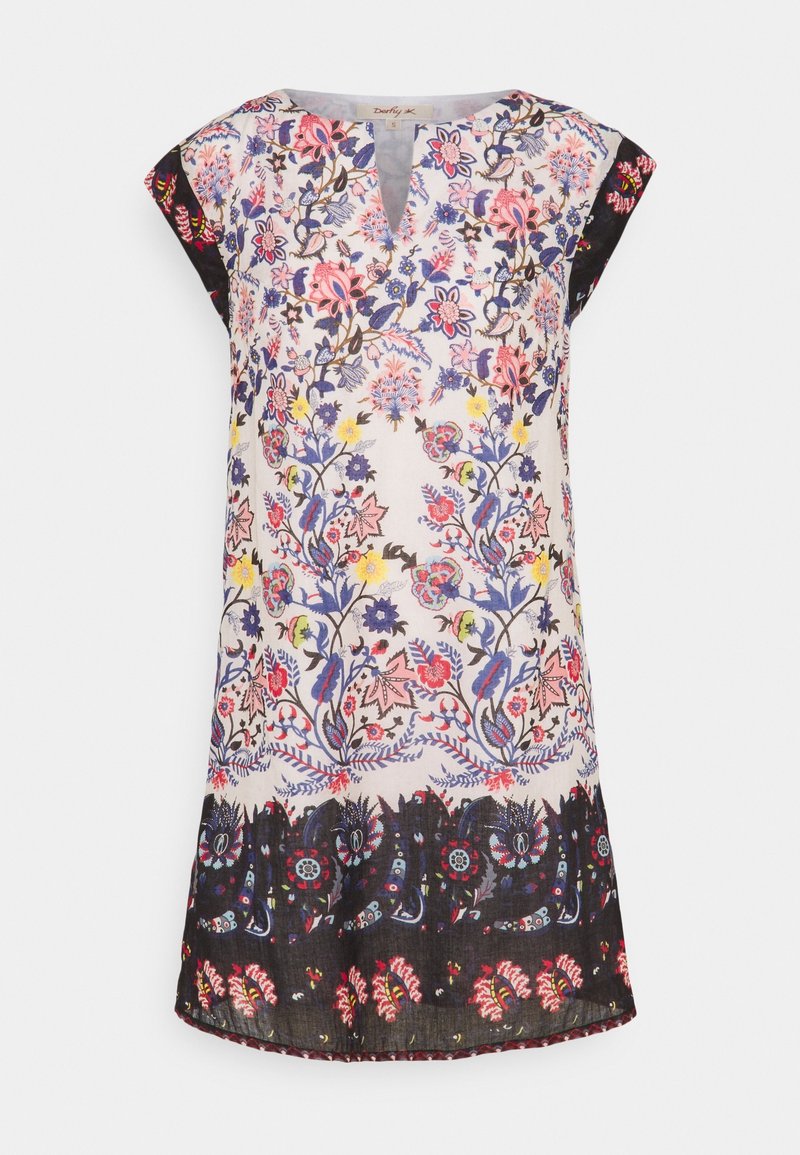 Blumen-Tunika-Kleid mit kurzen Ärmeln und V-Ausschnitt. Weiße Basis mit pinken, blauen und gelben Stickereien sowie einem schwarzen gemusterten Saum.