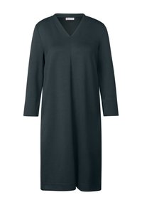 Mörkgrön knälång klänning med långa ärmar, V-ringning och subtila veckdetaljer framtill. Mjuk tygkvalitet och enkel design.