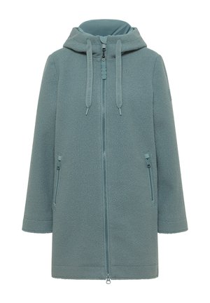 Lichtblauwe fleece hooded jacket met een rits aan de voorkant en ritszakken aan de zijkanten, met trekkoorden aan de capuchon.