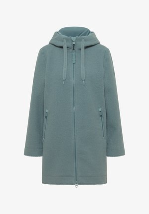 Giacca a zip con cappuccio in pile blu chiaro, dotata di tasche laterali con zip e lacci sul cappuccio.