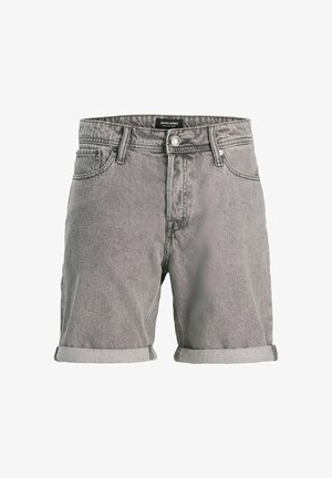 Grijze denim shorts met een klassieke snit, voorzien van een opgerolde zoom, vijf zakken, knoopsluiting en een subtiele textuur. Merklabel zichtbaar bij de tailleband.