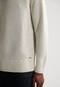 Pull en tricot beige clair avec un motif texturé, des poignets et un ourlet côtelés. Comprend une petite étiquette de marque près du bas côté gauche.