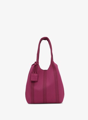 Bolso tote a rayas moradas y rosas con asas largas y un pequeño bolsillo cuadrado adjunto, mostrado sobre un fondo blanco.