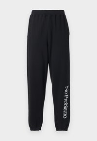 Black sweatpants made from soft fabric, featuring a tapered design and elastic cuffs. "No Problemo" printed in white down the left leg.